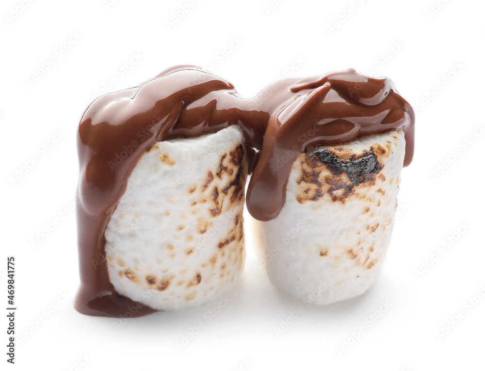 Tasty grilled marshmallows in chocolate on white background