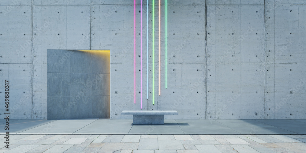 Loft design building exterior with neon light decoration and stone bench