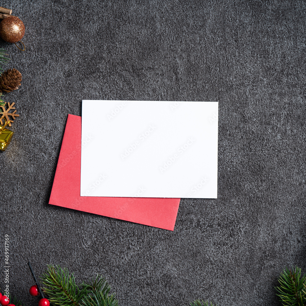 Christmas background design concept with fir tree branch border frame and blank card.