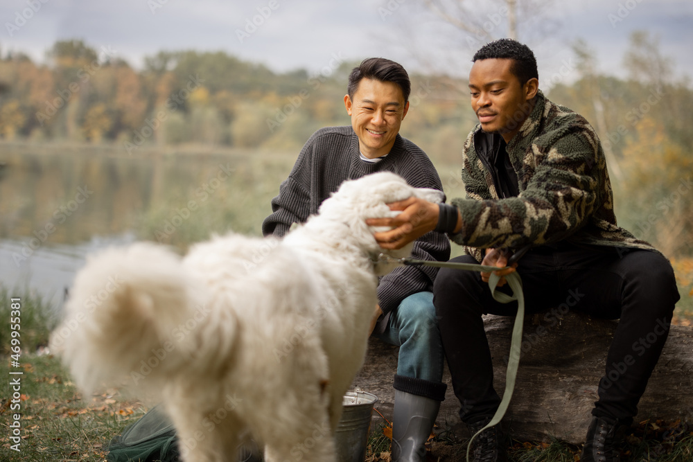 Multiracial male friends caressing Maremmano-Abruzzese Sheepdog while resting in nature at sunny aut