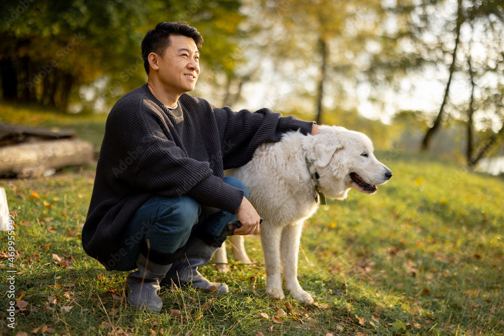 Pleased asian man sitting, caressing his Maremmano-Abruzzese Sheepdog and looking away in nature at 