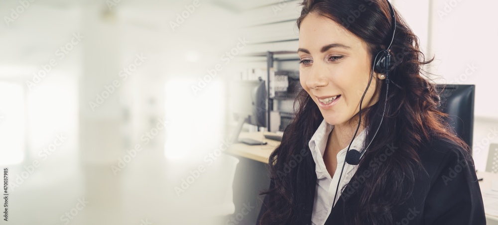 Business people wearing headset working in office to support remote customer or colleague. Call cent