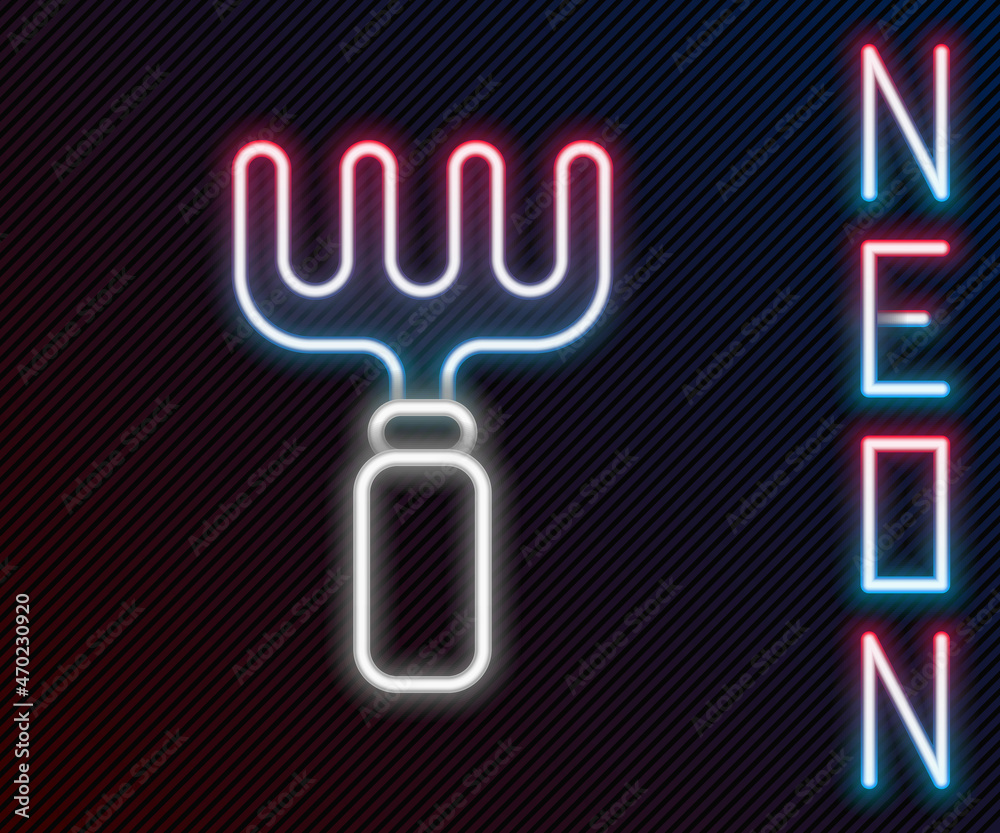 Glowing neon line Garden rake icon isolated on black background. Tool for horticulture, agriculture,