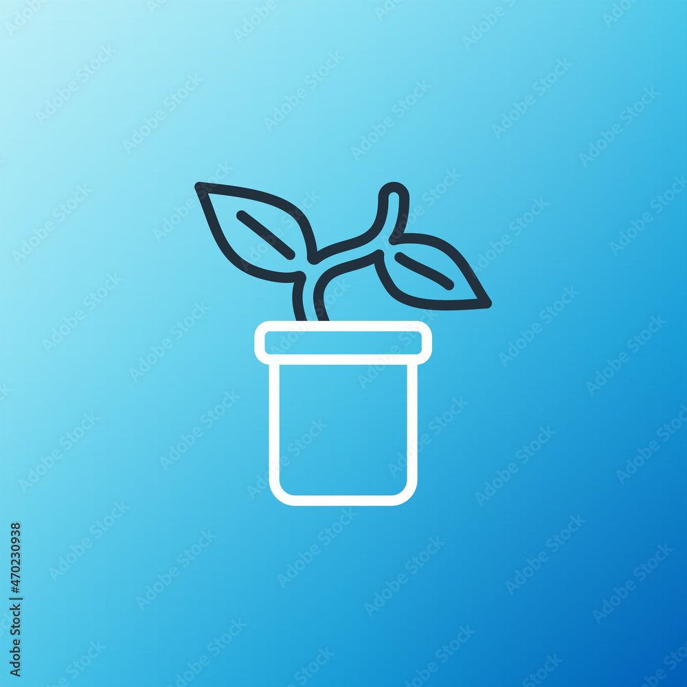 Line Plant in pot icon isolated on blue background. Plant growing in a pot. Potted plant sign. Color