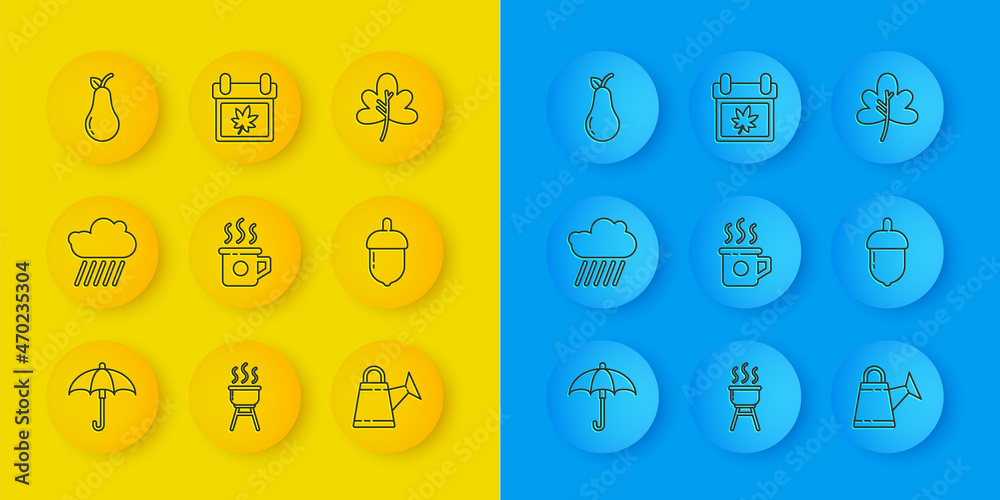 Set line Umbrella, Cloud with rain, Cup of tea, Watering can, Acorn, Pear, Leaf leaves and Calendar 