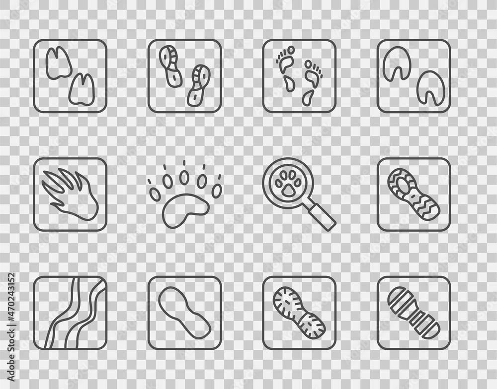 设定线条蛇爪足迹、人类足迹鞋、骆驼、熊和图标。矢量