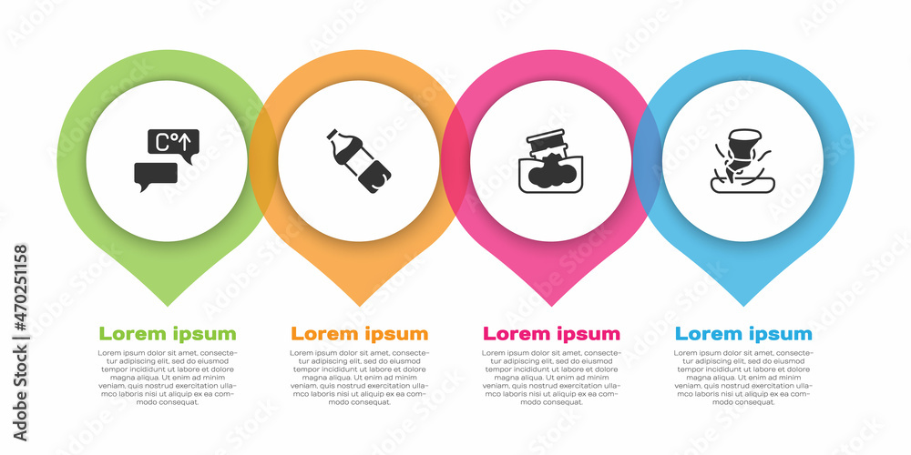 设定全球变暖、瓶装水、桶漏油和龙卷风。商业信息图模板。Vec