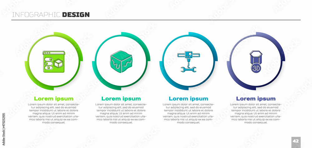 设置3D打印机、等距立方体、扳手和。业务信息图形模板。矢量