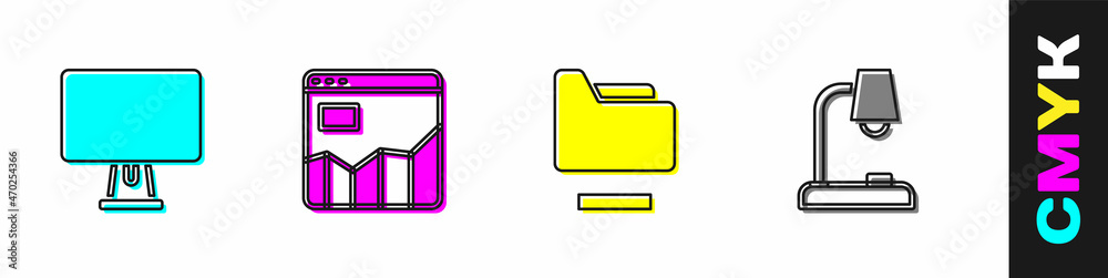 设置计算机监视器、图表信息图形、文档文件夹和台灯图标。矢量