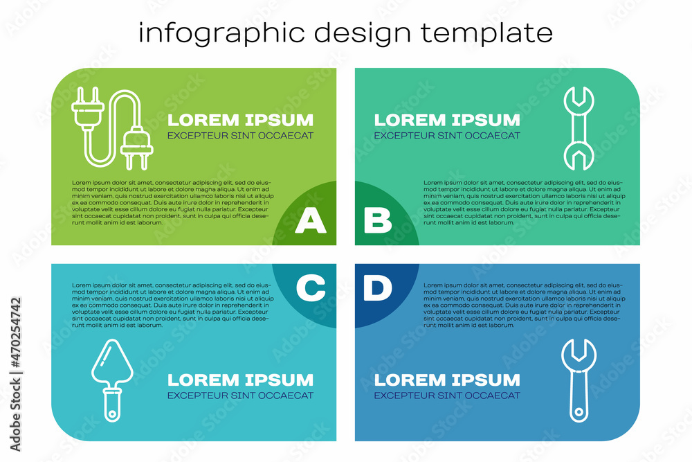Set line Trowel，Electric plug，Wrench扳手和扳手。商业信息图模板.Ve