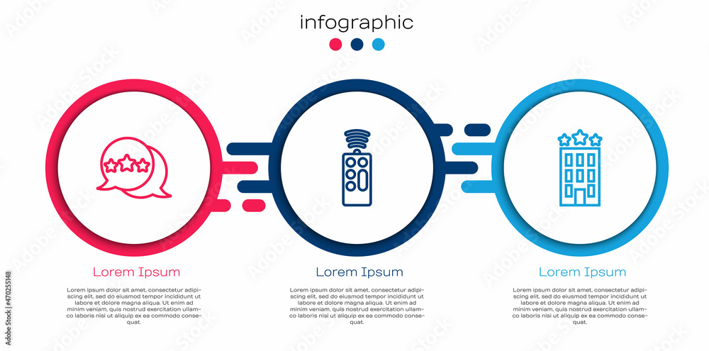 Set line五星评级审查，远程控制和酒店建筑。商业信息图模板。
