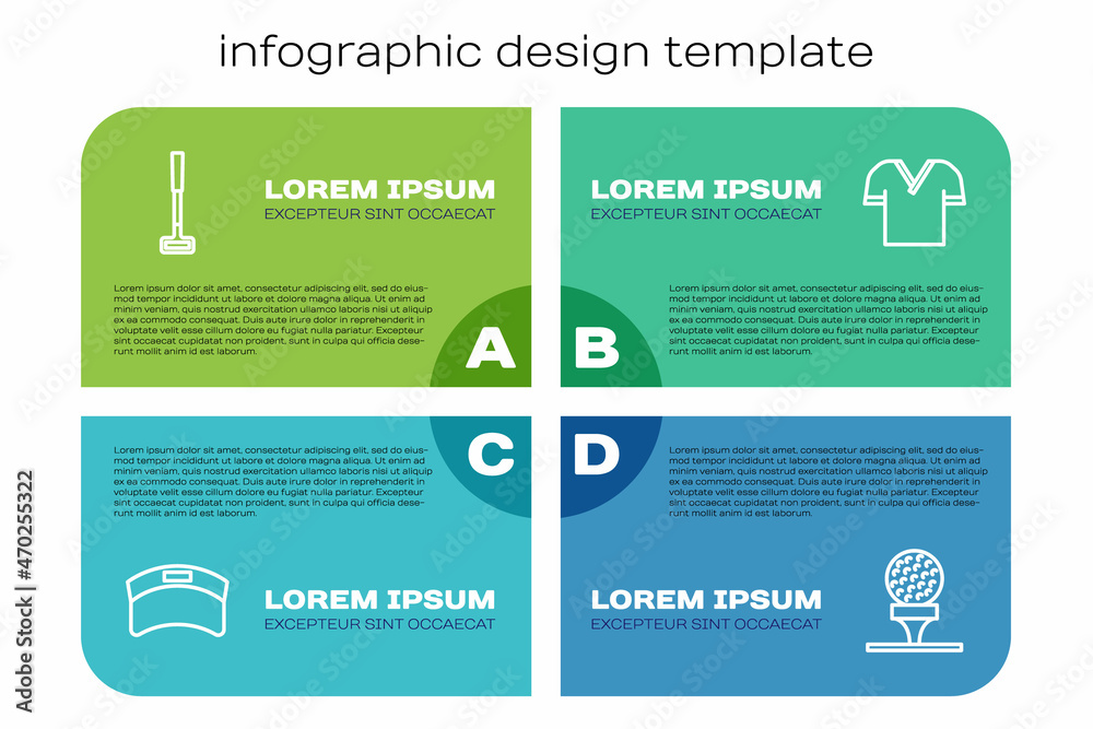 定线遮阳帽、高尔夫球杆、发球台和衬衫。商业信息图模板。矢量