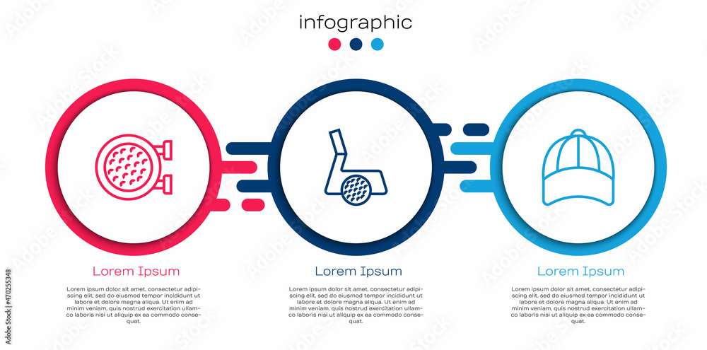 固定线高尔夫运动俱乐部，带球和棒球帽。商业信息图模板。矢量