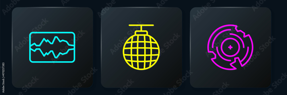 Set line Music wave equalizer, Vinyl disk and Disco ball. Black square button. Vector