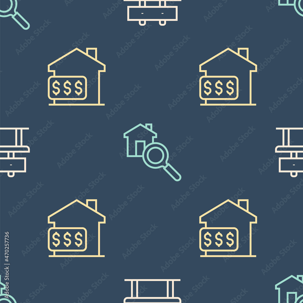 Set line Bench, House with dollar and Search house on seamless pattern. Vector