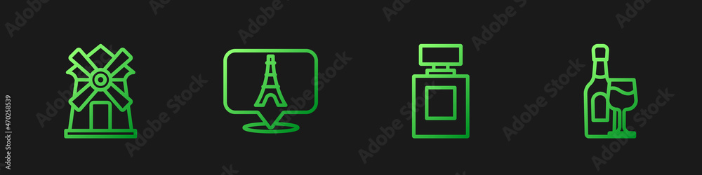 用玻璃设置香水、风车、埃菲尔铁塔和酒瓶。渐变色图标。矢量