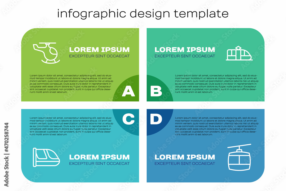 设置线路火车和铁路，直升机，缆车和有轨电车。商业信息图模板。矢量