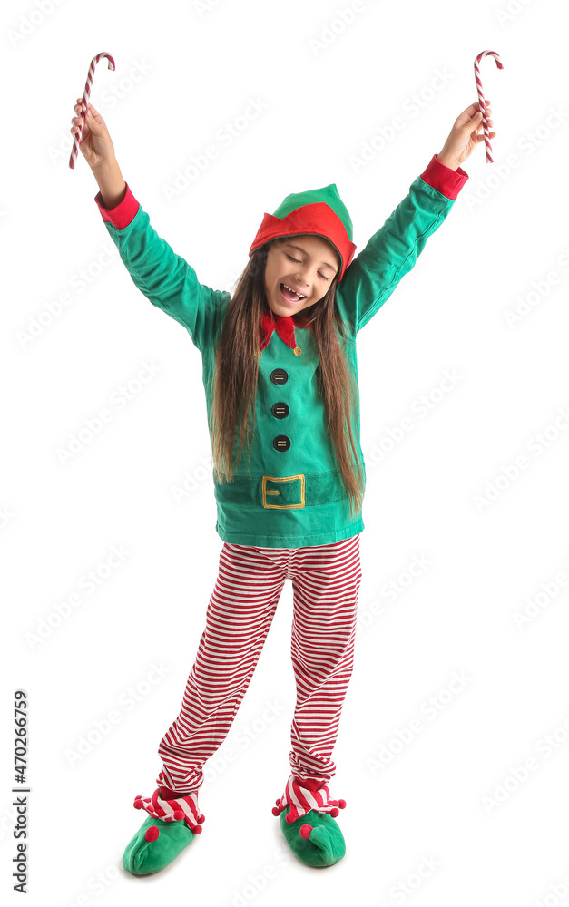 Cute little elf with candy canes on white background