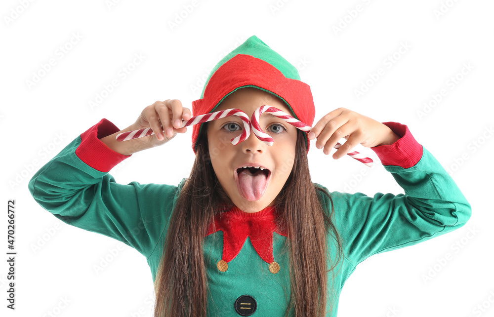 Cute little elf with candy canes on white background