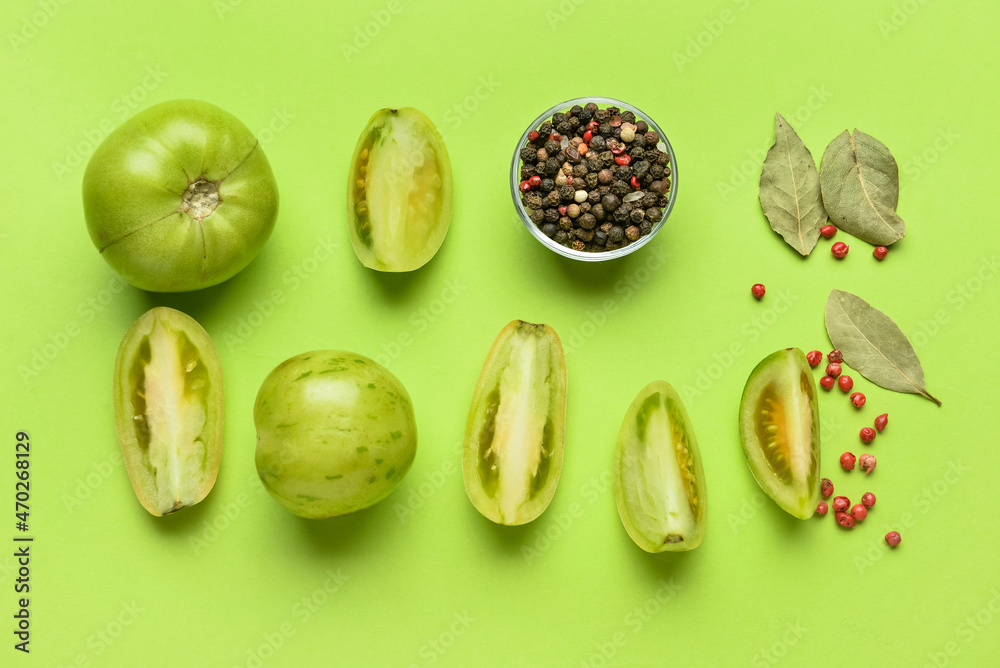 Ingredients for preparing canned tomatoes on color background