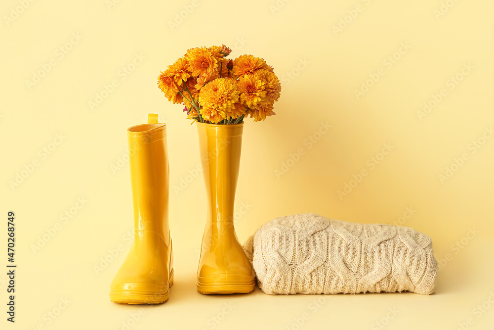 Pair of rubber boots with autumn flowers and clothes on color background