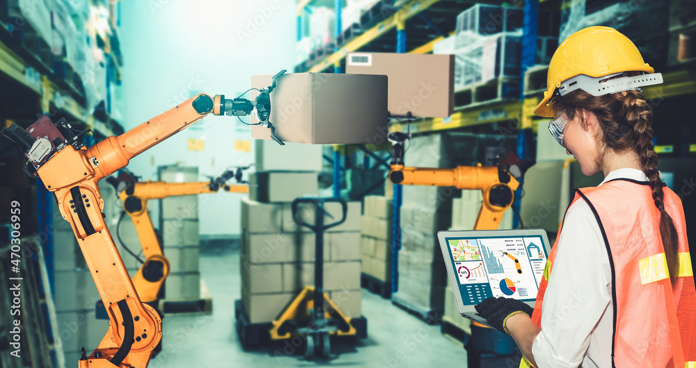 Smart robot arm systems for innovative warehouse and factory digital technology . Automation manufac