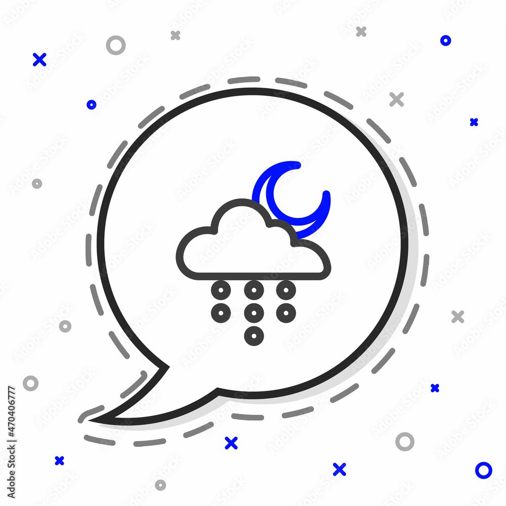 Line Cloud with rain and moon icon isolated on white background. Rain cloud precipitation with rain 