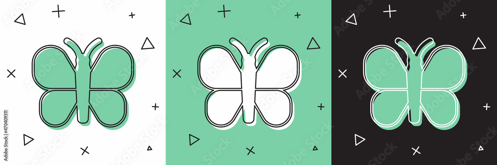 Set Butterfly icon isolated on white and green, black background. Vector