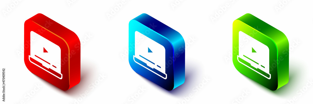 Isometric Online play video icon isolated on white background. Laptop and film strip with play sign.