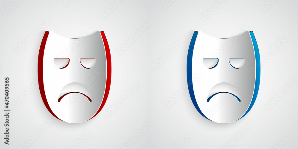 Paper cut Drama theatrical mask icon isolated on grey background. Paper art style. Vector