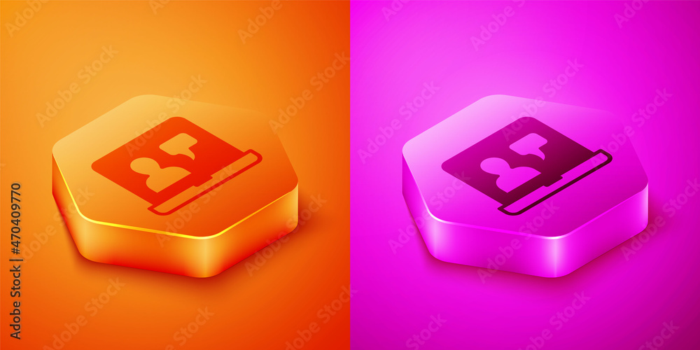 Isometric Online education and graduation icon isolated on orange and pink background. Online teache