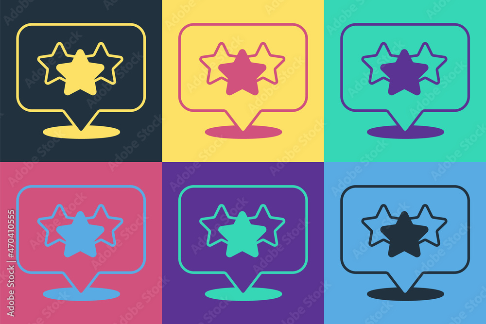 Pop art Five stars customer product rating review icon isolated on color background. Favorite, best 