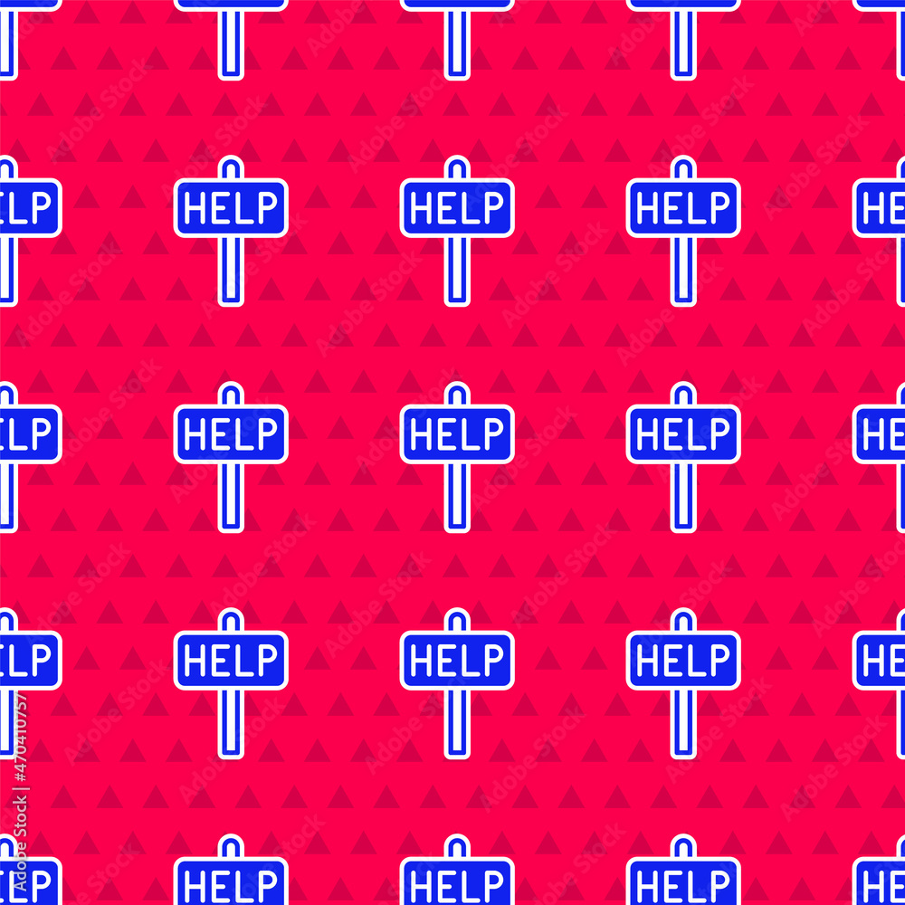 Blue Ask for help text icon isolated seamless pattern on red background. Vector