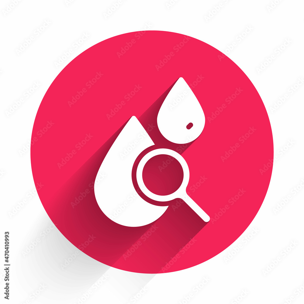 White Drop and magnifying glass icon isolated with long shadow background. Red circle button. Vector