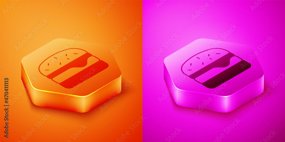 Isometric Burger icon isolated on orange and pink background. Hamburger icon. Cheeseburger sandwich 