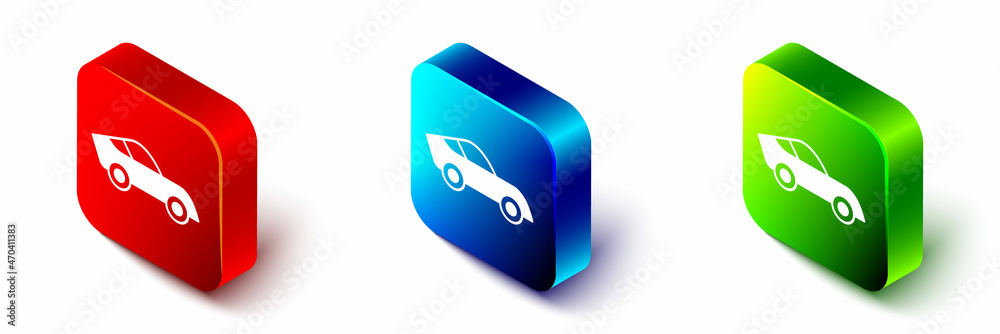 Isometric Car icon isolated on white background. Red, blue and green square button. Vector