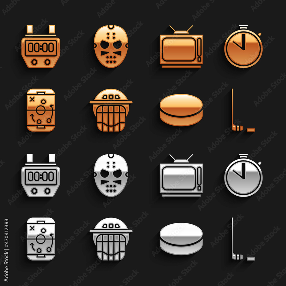 Set Hockey helmet, Stopwatch, Ice hockey stick and puck, Planning strategy, Retro tv, and mask icon.