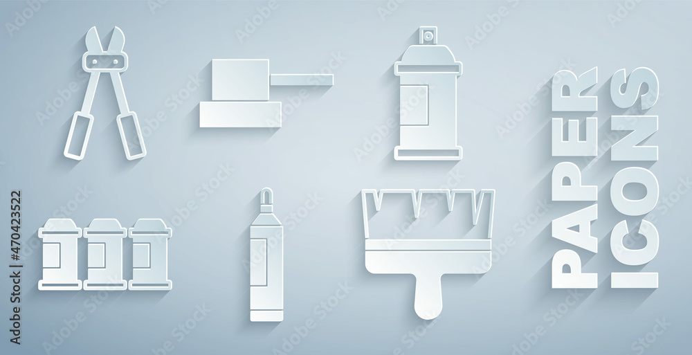 设置记号笔、喷漆罐、刷子、喷嘴帽和螺栓切割器图标。矢量