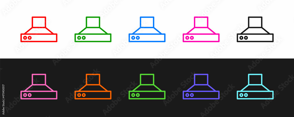 设置厨房抽油烟机图标，隔离在黑白背景上。油烟机。厨房展示
