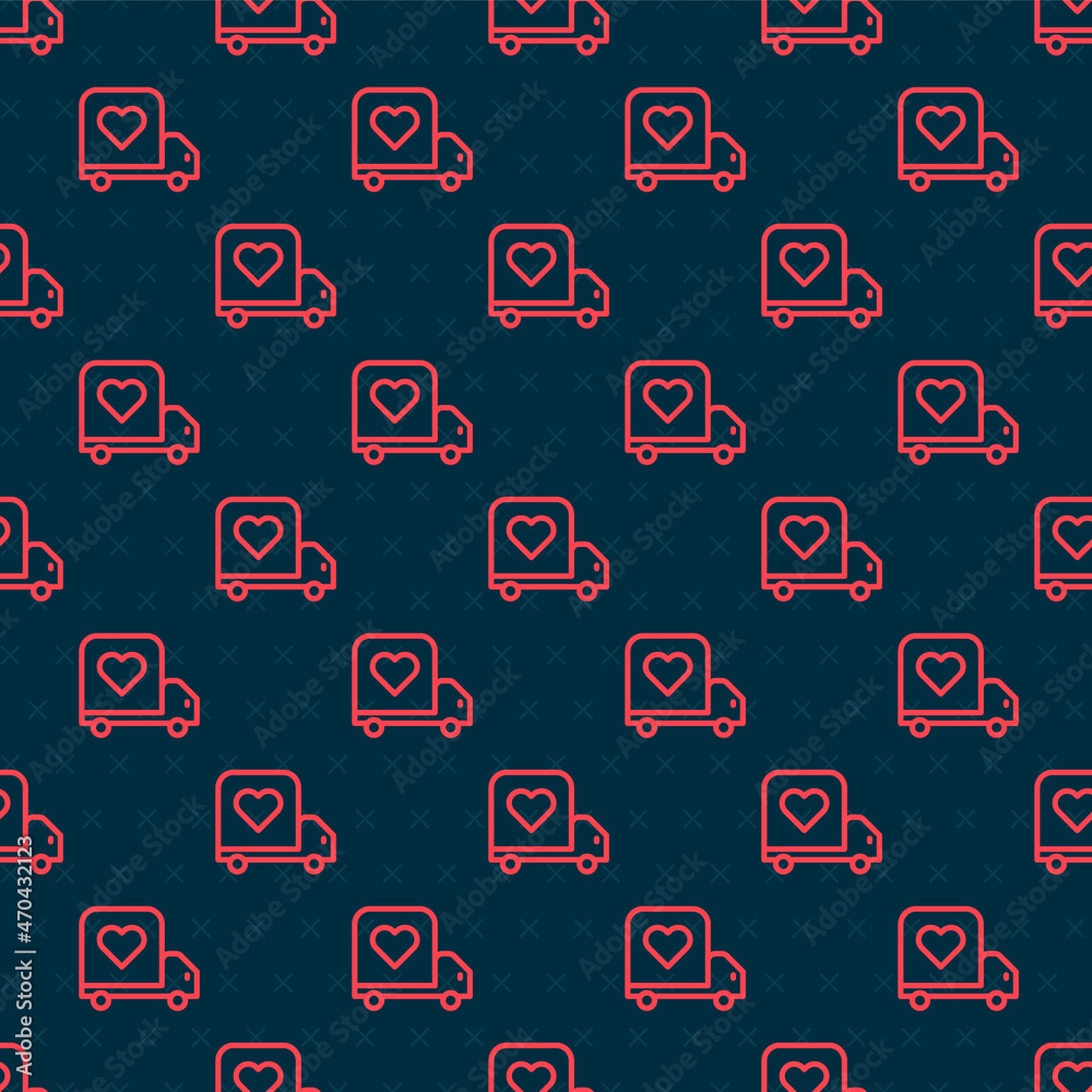 Red line Delivery truck with heart icon isolated seamless pattern on black background. Love delivery