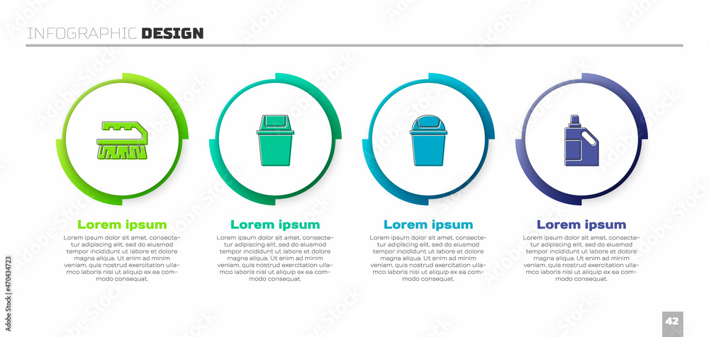 设置用于清洁、垃圾桶和瓶子代理的刷子。商业信息图模板。Vector