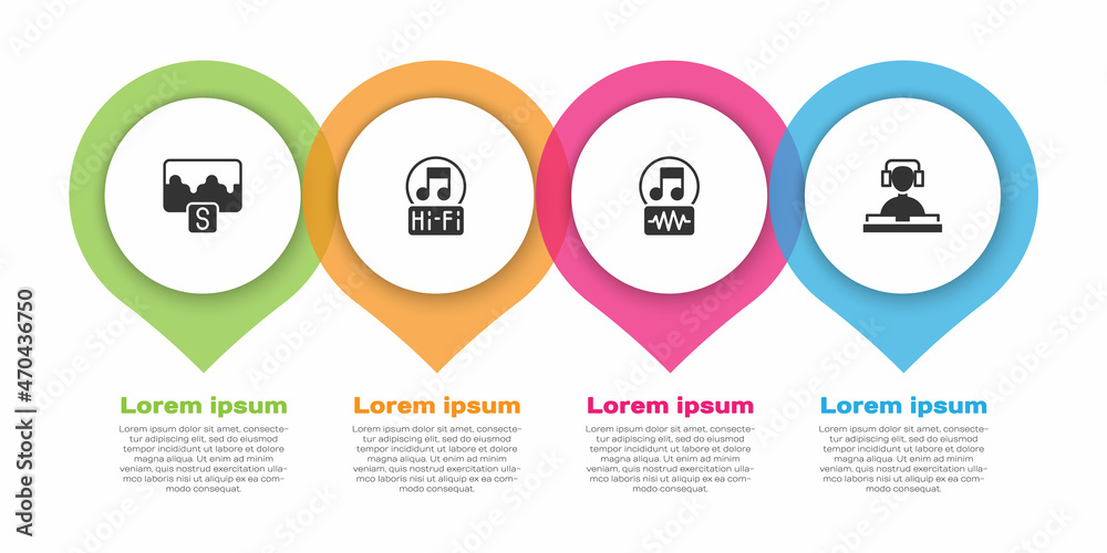 设置音乐波形均衡器、音符、音调和DJ播放音乐。业务信息图模板。矢量