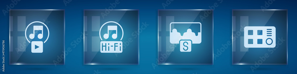 设置方形播放、音符、音调、均衡器和鼓机。方形玻璃面板。矢量