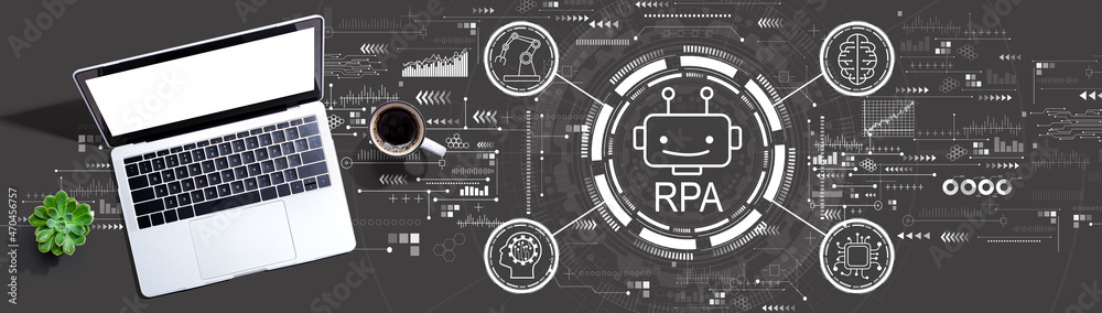 Robotic Process Automation RPA theme with a laptop computer on a desk