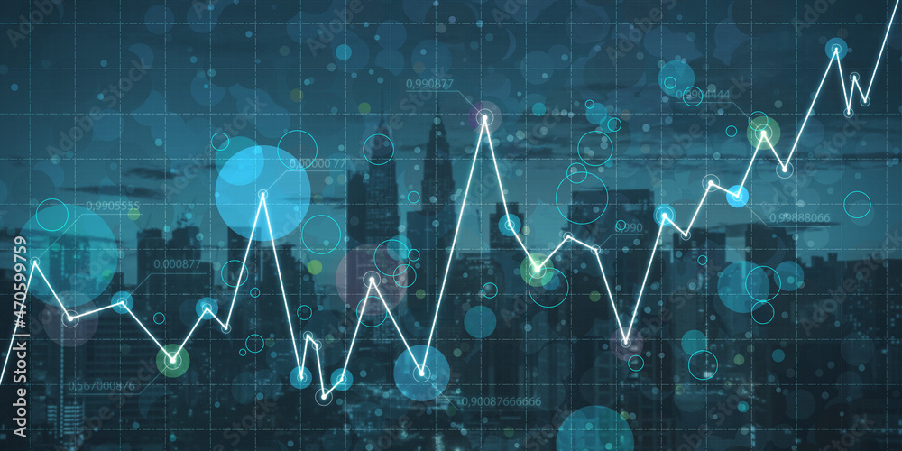 Abstract glowing business chart on blurry grid night city background. Digital economy and big data c