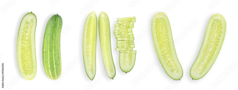 Sliced of cucumber isolated on white background. Top view