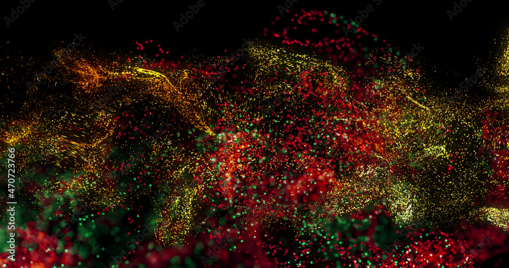 红色、黄色和蓝色粒子云在黑色背景上移动的图像