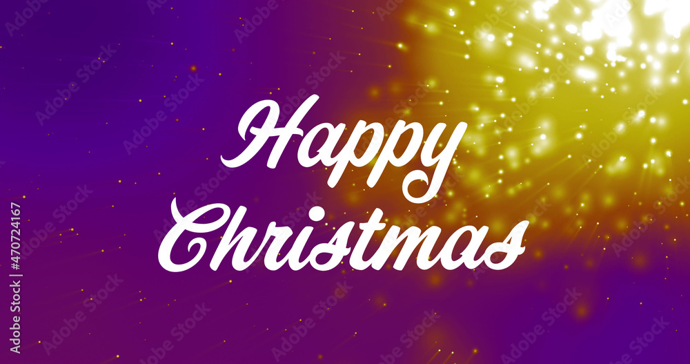 Image of happy christmas text over confetti and light spots