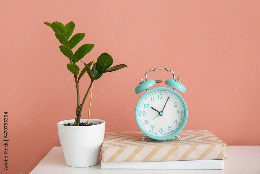 Alarm clock with books and houseplant on table near pink wall background