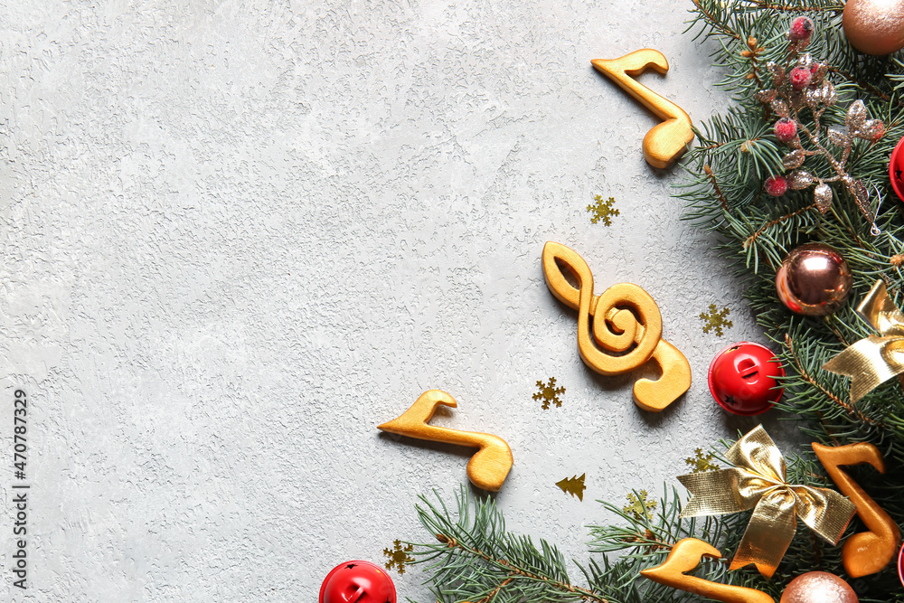 Christmas decor, fir tree branches and note signs on light background